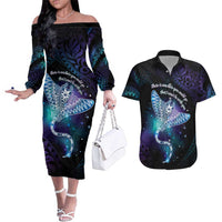 Polynesian Tala Manta Ray Couples Matching Off The Shoulder Long Sleeve Dress and Hawaiian Shirt Nowhere You Could Go That I Won't Be With You - Polynesian Pride