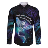Polynesian Tala Manta Ray Family Matching Off The Shoulder Long Sleeve Dress and Hawaiian Shirt Nowhere You Could Go That I Won't Be With You LT7 Dad's Shirt - Long Sleeve Purple Teal - Polynesian Pride