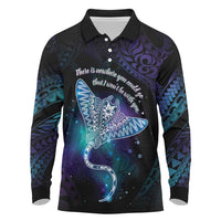 Polynesian Tala Manta Ray Long Sleeve Polo Shirt Nowhere You Could Go That I Won't Be With You LT7 Purple Teal - Polynesian Pride