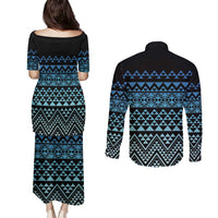 Maori Niho Taniwha Te Wheiao Couples Matching Puletasi and Long Sleeve Button Shirt Moana Blue - Polynesian Pride