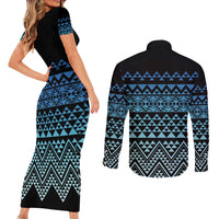 Maori Niho Taniwha Te Wheiao Couples Matching Short Sleeve Bodycon Dress and Long Sleeve Button Shirt Moana Blue - Polynesian Pride