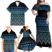 Maori Niho Taniwha Te Wheiao Family Matching Off Shoulder Maxi Dress and Hawaiian Shirt Moana Blue - Polynesian Pride