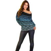 Maori Niho Taniwha Te Wheiao Off Shoulder Sweater Moana Blue - Polynesian Pride