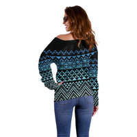 Maori Niho Taniwha Te Wheiao Off Shoulder Sweater Moana Blue - Polynesian Pride