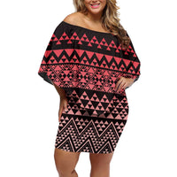 Maori Niho Taniwha Te Wheiao Off Shoulder Short Dress Terracotta - Polynesian Pride