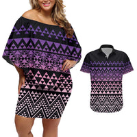 Maori Niho Taniwha Te Wheiao Couples Matching Off Shoulder Short Dress and Hawaiian Shirt Waiporoporo - Polynesian Pride