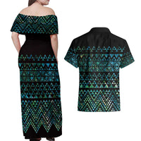 Maori Niho Taniwha Te Wheiao Couples Matching Off Shoulder Maxi Dress and Hawaiian Shirt Paua Shell - Polynesian Pride