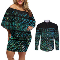 Maori Niho Taniwha Te Wheiao Couples Matching Off Shoulder Short Dress and Long Sleeve Button Shirt Paua Shell - Polynesian Pride