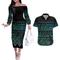 Maori Niho Taniwha Te Wheiao Couples Matching Off The Shoulder Long Sleeve Dress and Hawaiian Shirt Paua Shell - Polynesian Pride