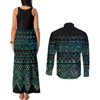 Maori Niho Taniwha Te Wheiao Couples Matching Tank Maxi Dress and Long Sleeve Button Shirt Paua Shell - Polynesian Pride