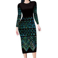 Maori Niho Taniwha Te Wheiao Long Sleeve Bodycon Dress Paua Shell LT7 Long Dress Colorful - Polynesian Pride