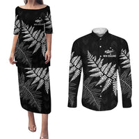 New Zealand Lawn Bowls Personalized Couples Matching Puletasi and Long Sleeve Button Shirt Wrap-Around Silver Fern - Polynesian Pride