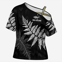New Zealand Lawn Bowls Personalized Cross Shoulder Shirt Wrap-Around Silver Fern LT7 Female Black - Polynesian Pride