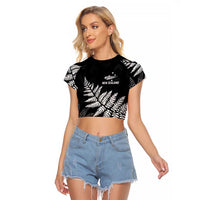 New Zealand Lawn Bowls Personalized Raglan Cropped T Shirt Wrap-Around Silver Fern LT7 Female Black - Polynesian Pride