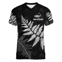 New Zealand Lawn Bowls Personalized Women V-Neck T-Shirt Wrap-Around Silver Fern LT7 Female Black - Polynesian Pride