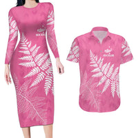 New Zealand Lawn Bowls Breast Cancer Personalized Couples Matching Long Sleeve Bodycon Dress and Hawaiian Shirt Wrap-Around Silver Fern - Polynesian Pride
