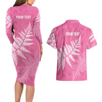 New Zealand Lawn Bowls Breast Cancer Personalized Couples Matching Long Sleeve Bodycon Dress and Hawaiian Shirt Wrap-Around Silver Fern - Polynesian Pride