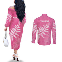 New Zealand Lawn Bowls Breast Cancer Personalized Couples Matching Off The Shoulder Long Sleeve Dress and Long Sleeve Button Shirt Wrap-Around Silver Fern - Polynesian Pride