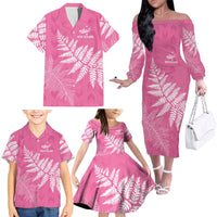 New Zealand Lawn Bowls Breast Cancer Personalized Family Matching Off The Shoulder Long Sleeve Dress and Hawaiian Shirt Wrap-Around Silver Fern - Polynesian Pride