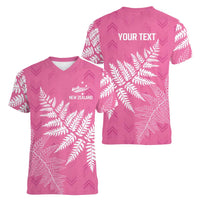 New Zealand Lawn Bowls Breast Cancer Personalized Women V-Neck T-Shirt Wrap-Around Silver Fern - Polynesian Pride
