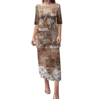 Aloha Vintage Quilt Family Matching Puletasi Dress and Hawaiian Shirt Hawaiian Seamless - Brown LT7 Mom's Dress Brown - Polynesian Pride