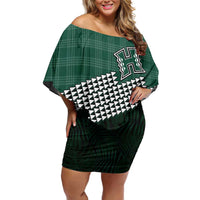 Rainbow Warriors Hawaii Personalized Palaka Family Matching Off Shoulder Short Dress and Hawaiian Shirt LT7 Mom's Dress Green - Polynesian Pride