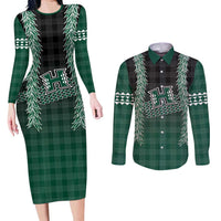 Rainbow Warriors Hawaii Palaka Couples Matching Long Sleeve Bodycon Dress and Long Sleeve Button Shirt Maile Lei LT7 Dark Green - Polynesian Pride