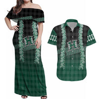 Rainbow Warriors Hawaii Palaka Couples Matching Off Shoulder Maxi Dress and Hawaiian Shirt Maile Lei LT7 Dark Green - Polynesian Pride