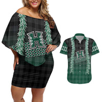 Rainbow Warriors Hawaii Palaka Couples Matching Off Shoulder Short Dress and Hawaiian Shirt Maile Lei LT7 Dark Green - Polynesian Pride