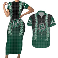 Rainbow Warriors Hawaii Palaka Couples Matching Short Sleeve Bodycon Dress and Hawaiian Shirt Maile Lei LT7 Dark Green - Polynesian Pride