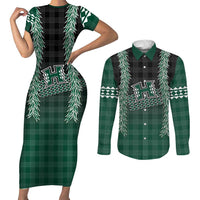 Rainbow Warriors Hawaii Palaka Couples Matching Short Sleeve Bodycon Dress and Long Sleeve Button Shirt Maile Lei LT7 Dark Green - Polynesian Pride