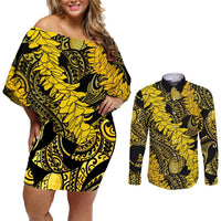 Hawaii Oahu Ilima Lei Couples Matching Off Shoulder Short Dress and Long Sleeve Button Shirt LT7 Yellow - Polynesian Pride