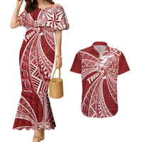 Tonga Independence Day Couples Matching Mermaid Dress and Hawaiian Shirt Tongatapu Lion Ngatu Motifs LT7 Red - Polynesian Pride