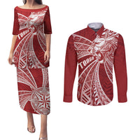 Tonga Independence Day Couples Matching Puletasi and Long Sleeve Button Shirt Tongatapu Lion Ngatu Motifs LT7 Red - Polynesian Pride