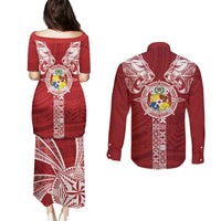 Tonga Independence Day Couples Matching Puletasi and Long Sleeve Button Shirt Tongatapu Lion Ngatu Motifs LT7 - Polynesian Pride