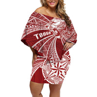 Tonga Independence Day Off Shoulder Short Dress Tongatapu Lion Ngatu Motifs LT7 Women Red - Polynesian Pride