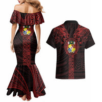 Tonga Independence Day Couples Matching Mermaid Dress and Hawaiian Shirt Tongatapu Lion Ngatu Motifs Black Ver. LT7 - Polynesian Pride