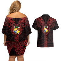 Tonga Independence Day Couples Matching Off Shoulder Short Dress and Hawaiian Shirt Tongatapu Lion Ngatu Motifs Black Ver. LT7 - Polynesian Pride