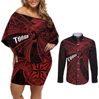 Tonga Independence Day Couples Matching Off Shoulder Short Dress and Long Sleeve Button Shirt Tongatapu Lion Ngatu Motifs Black Ver. LT7 Black - Polynesian Pride