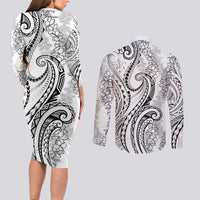 Polynesia Plumeria Lei Couples Matching Long Sleeve Bodycon Dress and Long Sleeve Button Shirt White Curves Motif LT7 - Polynesian Pride