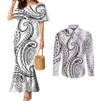 Polynesia Plumeria Lei Couples Matching Mermaid Dress and Long Sleeve Button Shirt White Curves Motif LT7 White - Polynesian Pride