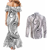 Polynesia Plumeria Lei Couples Matching Mermaid Dress and Long Sleeve Button Shirt White Curves Motif LT7 - Polynesian Pride