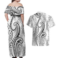 Polynesia Plumeria Lei Couples Matching Off Shoulder Maxi Dress and Hawaiian Shirt White Curves Motif LT7 - Polynesian Pride