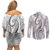 Polynesia Plumeria Lei Couples Matching Off Shoulder Short Dress and Long Sleeve Button Shirt White Curves Motif LT7 - Polynesian Pride