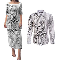 Polynesia Plumeria Lei Couples Matching Puletasi and Long Sleeve Button Shirt White Curves Motif LT7 White - Polynesian Pride
