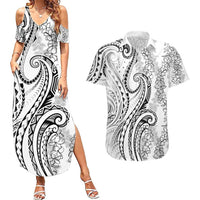 Polynesia Plumeria Lei Couples Matching Summer Maxi Dress and Hawaiian Shirt White Curves Motif LT7 White - Polynesian Pride