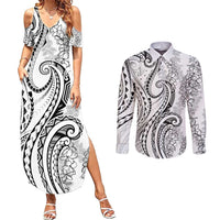 Polynesia Plumeria Lei Couples Matching Summer Maxi Dress and Long Sleeve Button Shirt White Curves Motif LT7 White - Polynesian Pride