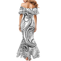 Polynesia Plumeria Lei Family Matching Mermaid Dress and Hawaiian Shirt White Curves Motif
