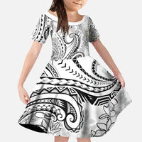 Polynesia Plumeria Lei Family Matching Off The Shoulder Long Sleeve Dress and Hawaiian Shirt White Curves Motif
