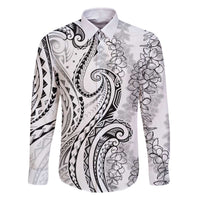 Polynesia Plumeria Lei Family Matching Off The Shoulder Long Sleeve Dress and Hawaiian Shirt White Curves Motif